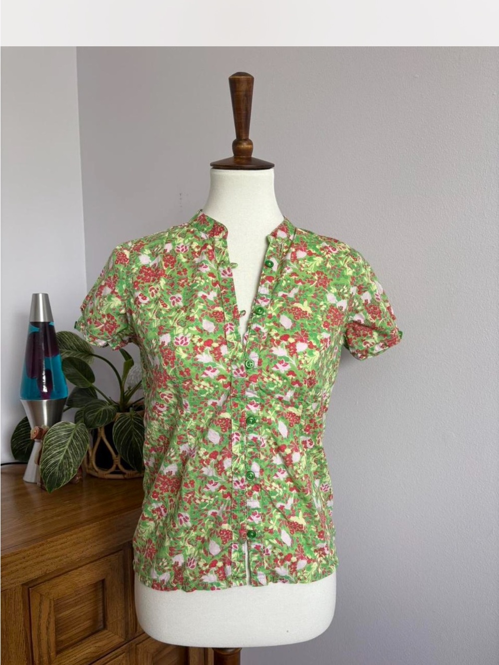 L.L. Bean Green and Pink Floral Button up Short Sleeve Top